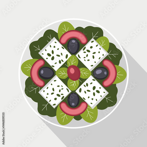 Vibrant Greek Salad with Feta, Olives & Herbs: Top View Food Illustration