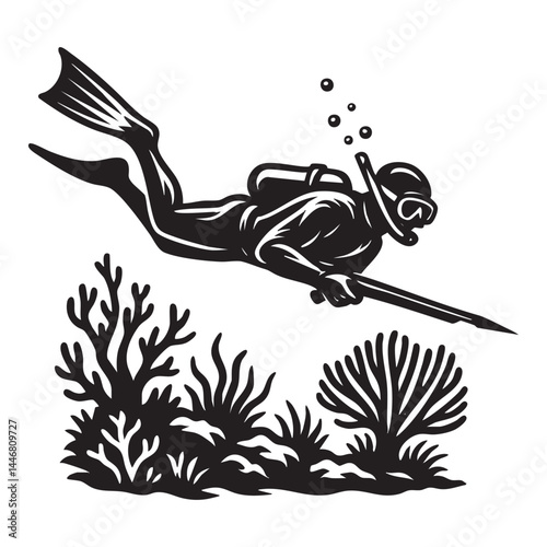 Spearfisher diving underwater near coral reef vector illustration