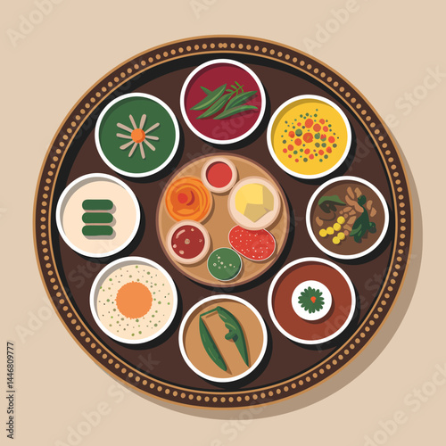 Vibrant Indian Thali: Diverse Cuisine, Top-View Illustration