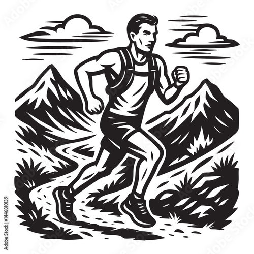 Trail runner sprinting through mountain path vector illustration