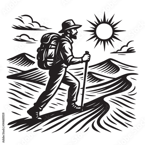 xplorer crossing desert dunes with backpack vector illustration