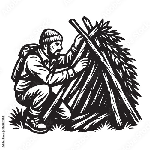 Survivalist building shelter with branches vector illustration