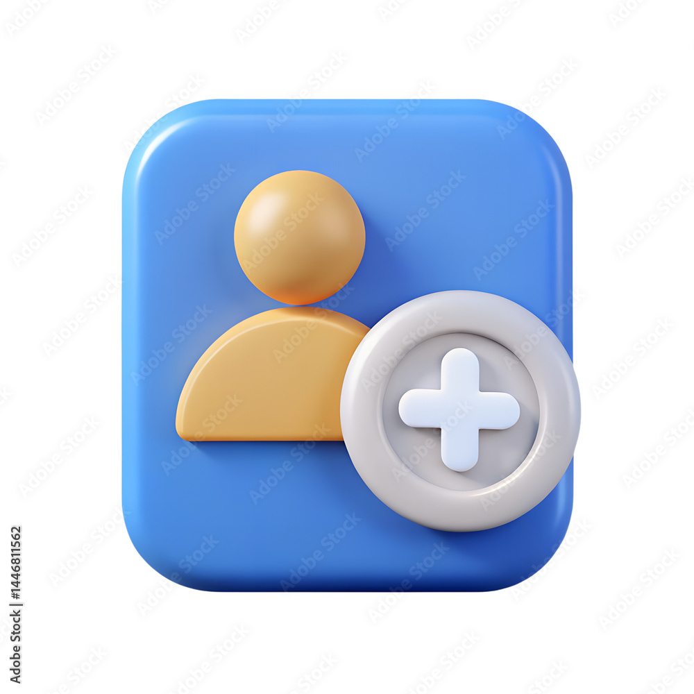 High quality 3d rendering icon depicting a user profile with an add symbol on a blue square background High quality 3d rendering icon depicting a user profile with an add symbol on a blue square background