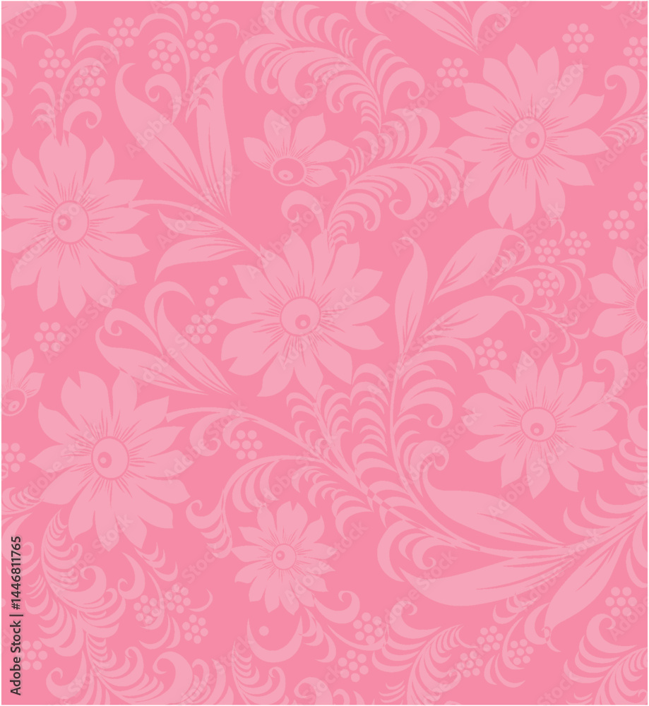 Elegant Seamless Pink Floral Pattern and Leaves with Intricate Design and Stylized Elements Elegant Seamless Pink Floral Pattern and Leaves with Intricate Design and Stylized Elements