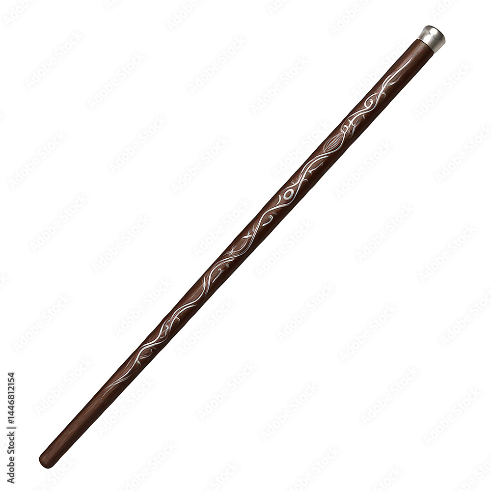 Exquisite dark wood wand embellished with flowing silver artistry and finished with a smooth metallic cap, a mystic item. Exquisite dark wood wand embellished with flowing silver artistry and finished with a smooth metallic cap, a mystic item.
