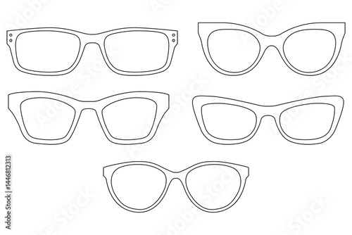 Fashion Eyewear Outline Set Featuring Sunglasses and Glasses for Men and Women in Various Frame Shapes and Styles