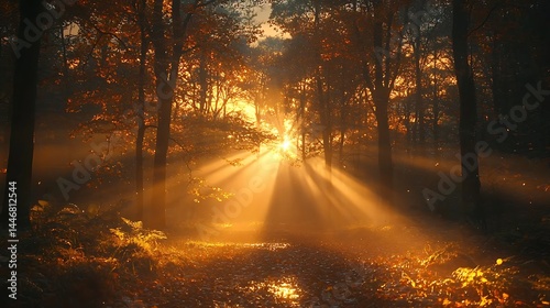 Fototapeta Naklejka Na Ścianę i Meble -  Sunbeams pierce autumn forest mist