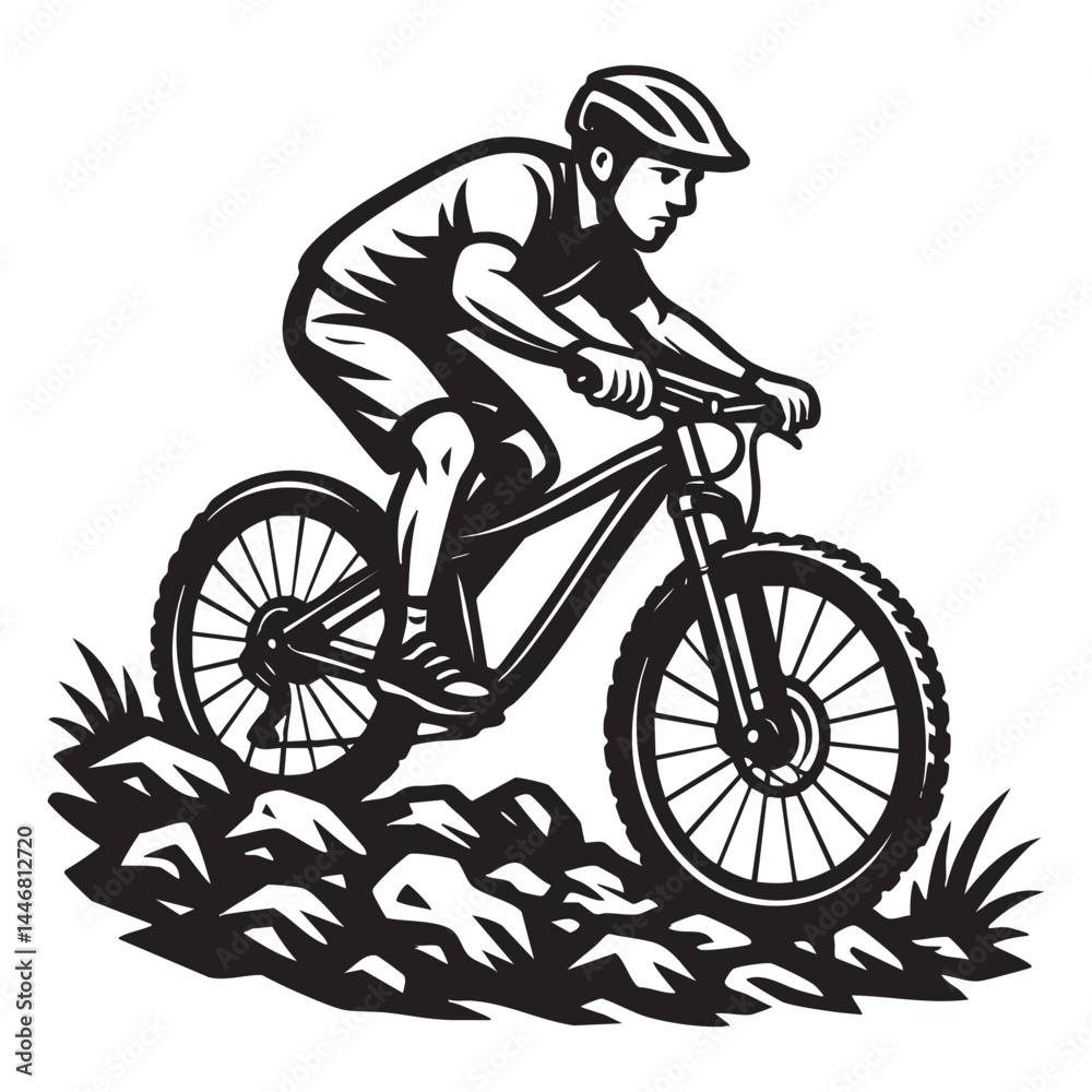 Obraz premium Mountain biker riding rocky trail vector illustration