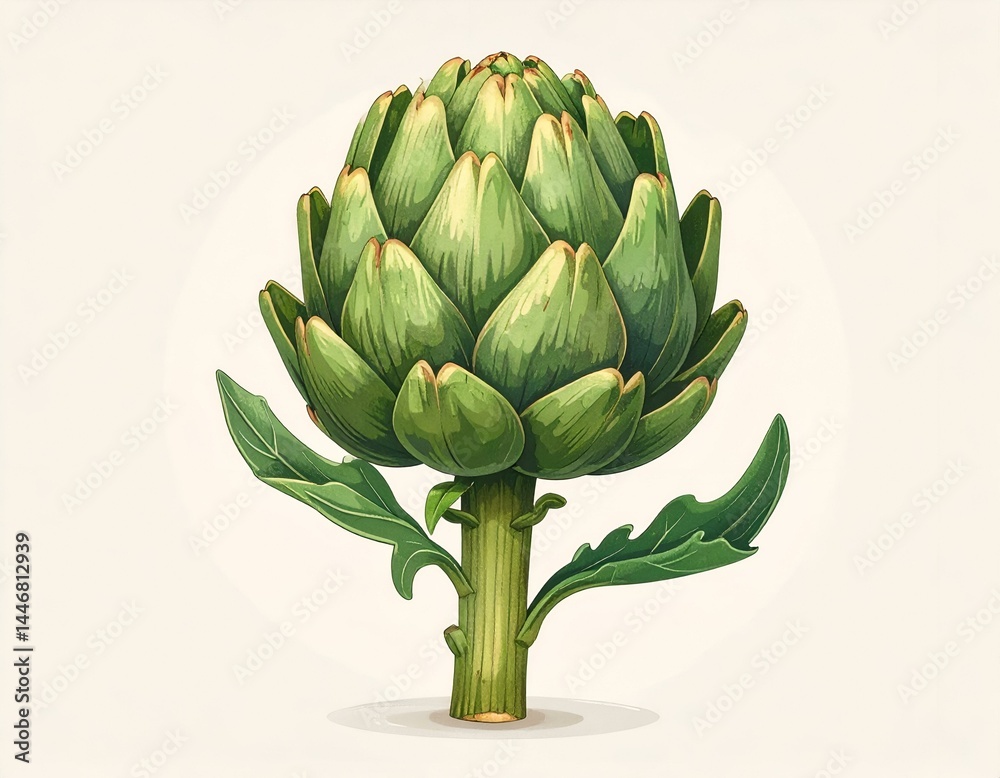 Fototapeta premium Fresh artichoke with leaves isolated on white background. Perfect for culinary, health, or botanical designs.