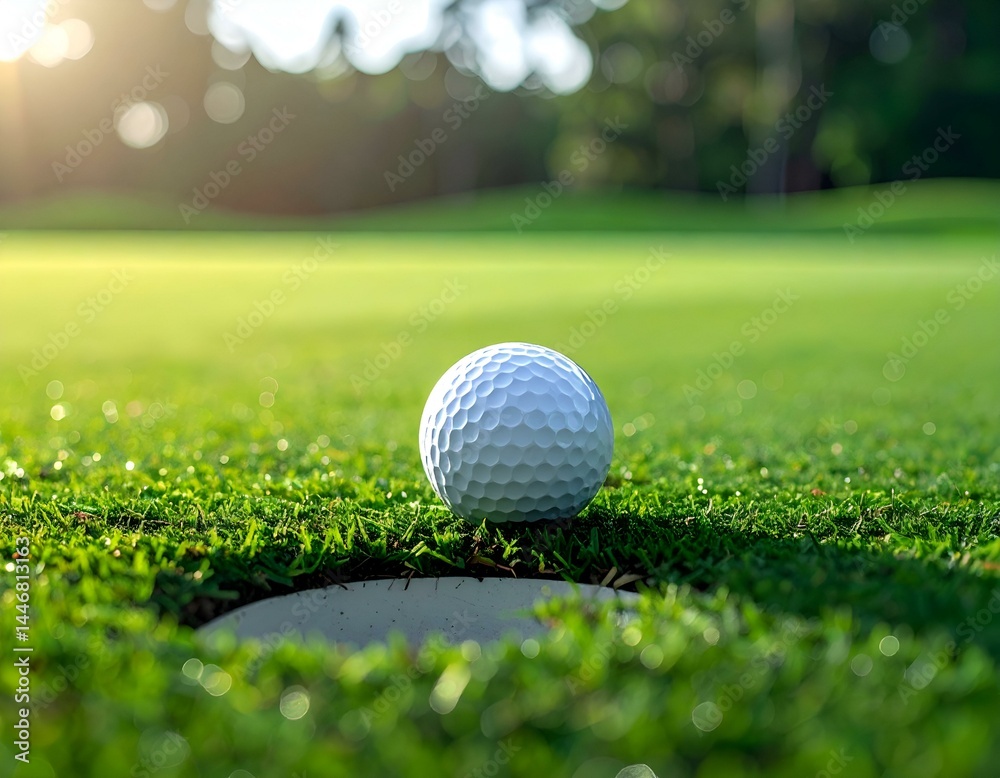 Obraz premium Golf ball on green, near the hole, at sunset. Perfect for golf-related projects.