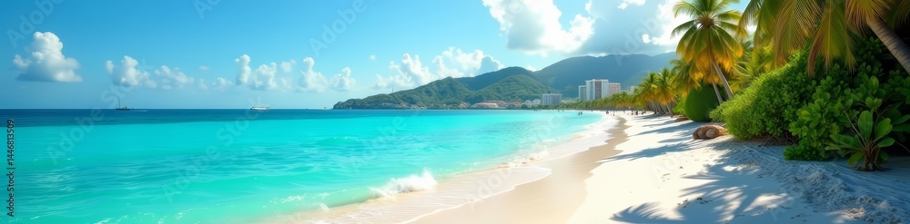 Tropical beach overlaid with bustling city street, street, architecture Tropical beach overlaid with bustling city street, street, architecture