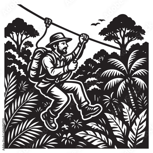 Man Ziplining Through Jungle Woodcut Engraving


