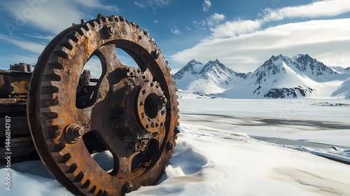 An abandoned whaling station in antarctica, rusted machinery frozen in time. [Frozen Time] | Polar Chrono | cold mechanism. Illustration