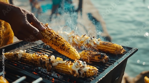 Cooking corn on the coals on the beach. Selective focus.