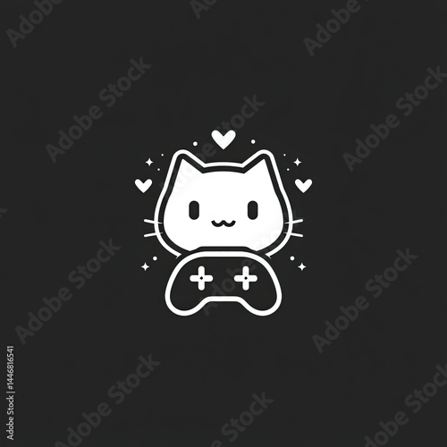 Cute cat with game controller, surrounded by hearts and stars.