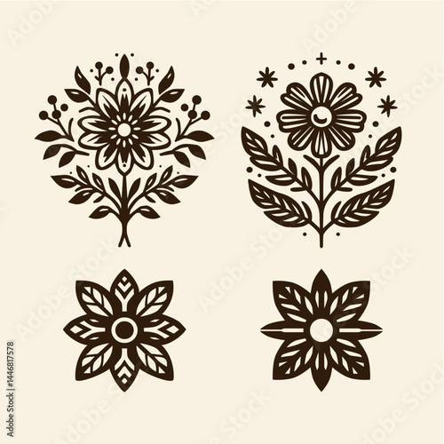 Set of Elegant Folk Art Floral Designs With Intricate Patterns In Black on Beige Background