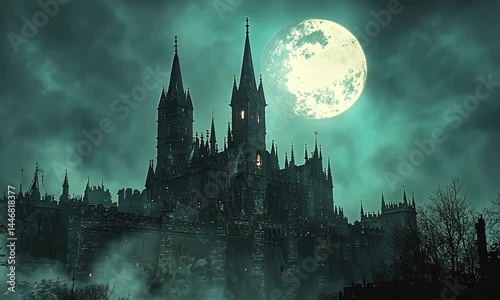 Wallpaper Mural Castle at night with moon, gothic architecture, dark sky, and trees below the building Torontodigital.ca