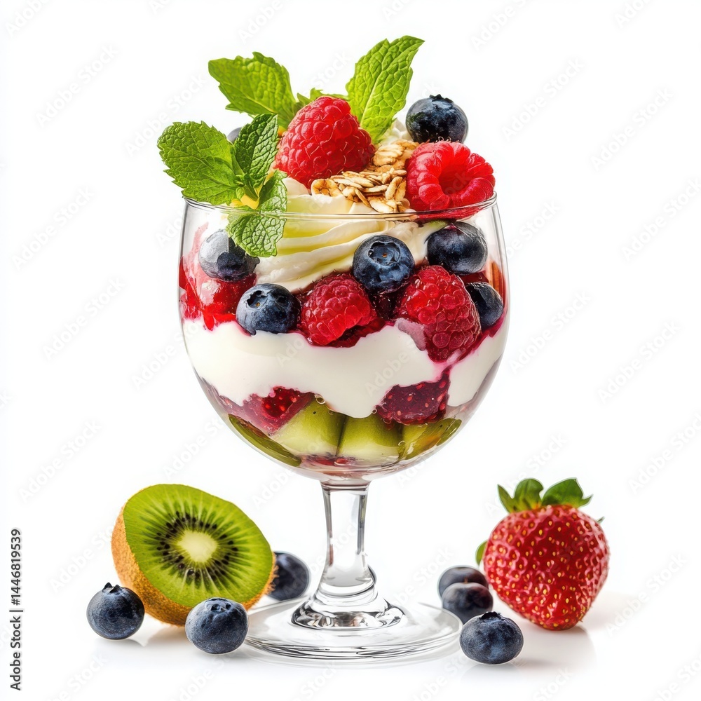 Fruit dessert in glass presentation on a white background