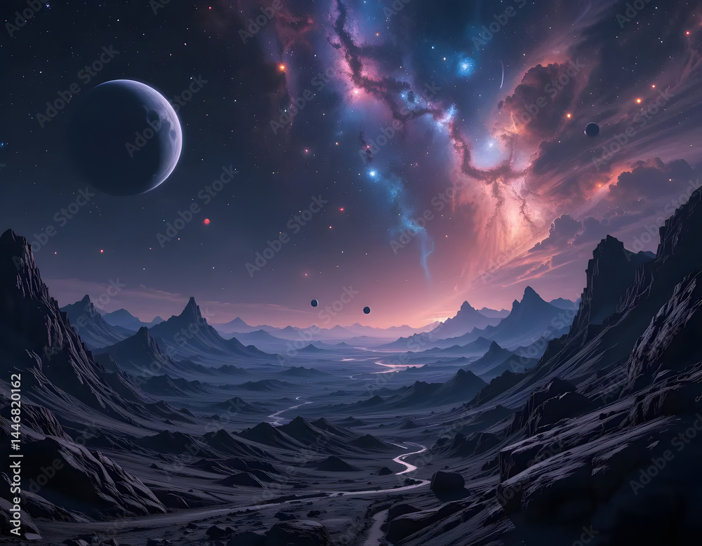 Cosmic landscape with mountains, river, a large planet and colorful nebulae in the starry sky. Cosmic landscape with mountains, river, a large planet and colorful nebulae in the starry sky.