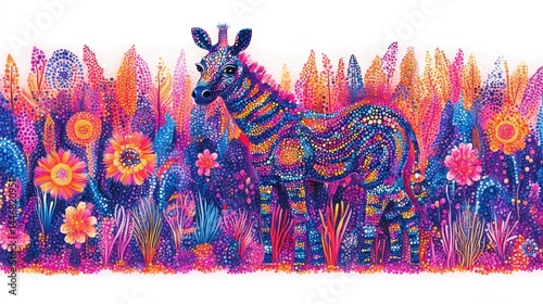 Whimsical giraffe amidst floral extravagance vibrant color explosion abstract nature animal illustration unique colorful design for prints and textiles