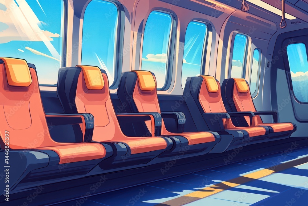 Fototapeta premium Inside modern high-speed train, empty seats with large windows