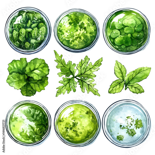 Set Of Petri Dishes With Growing Cultures, watercolor vector, isolated on a white background.