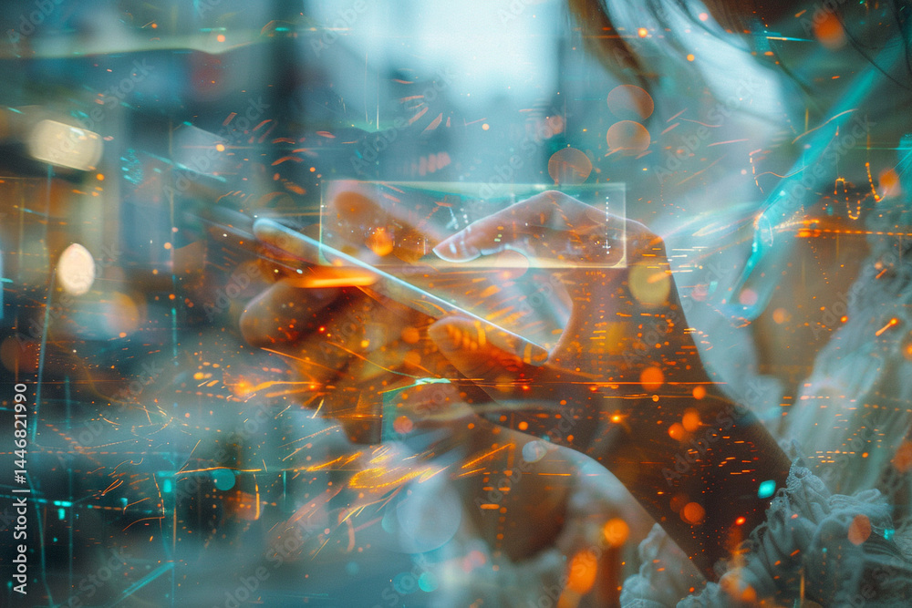 innovative concept of AI, combined with power of deep learning, is beautifully depicted in this captivating image featuring double exposure hands seamlessly interacting with a mobile phone, showcasing