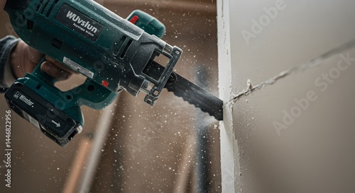 Powerful Cordless Reciprocating Saw in Action Cutting Through Drywall, Construction Work, Home Improvement Project, DIY