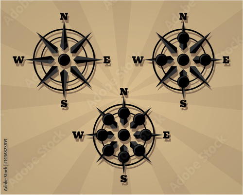 Collection of Black Compass Designs on a Radiant Background