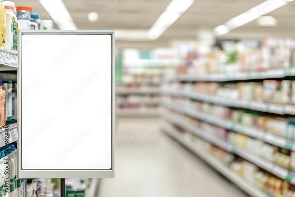 Fototapeta premium Close-up of empty price board in fresh produce section, vivid blurred grocery store background, clean scene