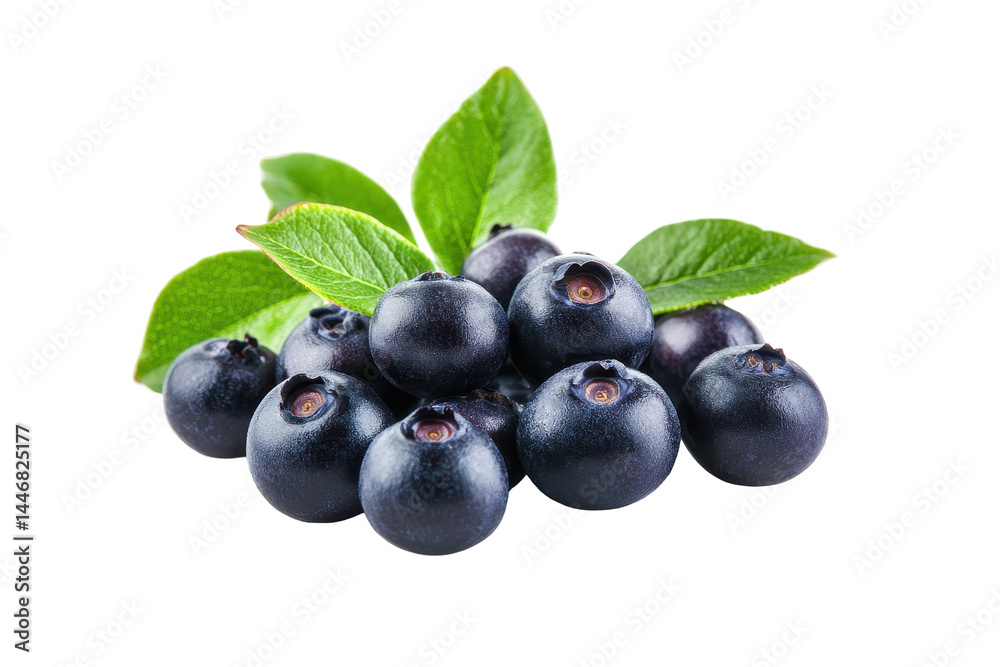 Group of dark, plump blueberries are showcased with fresh green leaves. The image emphasizes the richness and vitality of the fruit. Group of dark, plump blueberries are showcased with fresh green leaves. The image emphasizes the richness and vitality of the fruit.