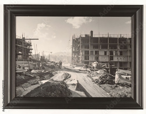 Black and white photo of a construction site with buildings under construction, cranes, workers, and a dirt road.  The image is framed.
