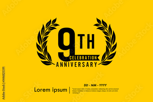 9th years anniversary celebration emblem. anniversary logo isolated with laurel wreath and ribbon on yellow background. vector illustration template design for web, flyers, poster, greeting card	