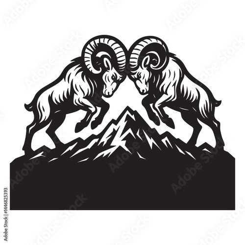 Ram headbutting on mountain ridge vector illustration