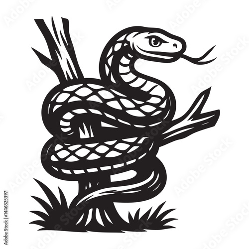 Snake coiled around tree branch vector illustration