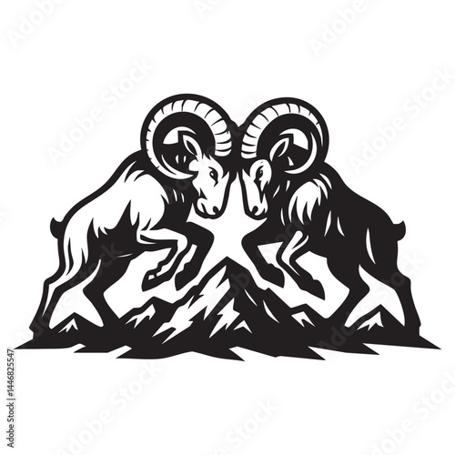 Ram headbutting on mountain ridge vector illustration