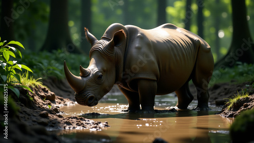 Mud-Wallowing Rhino in Sunlit Rainforest Clearing