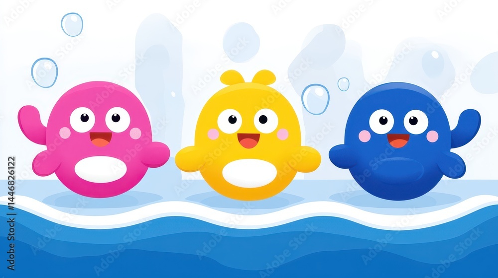Obraz premium Charming pixelated aquatic creatures in vibrant pink yellow and blue tones depicting cartoonish sea life ideal for children's themes and playful designs