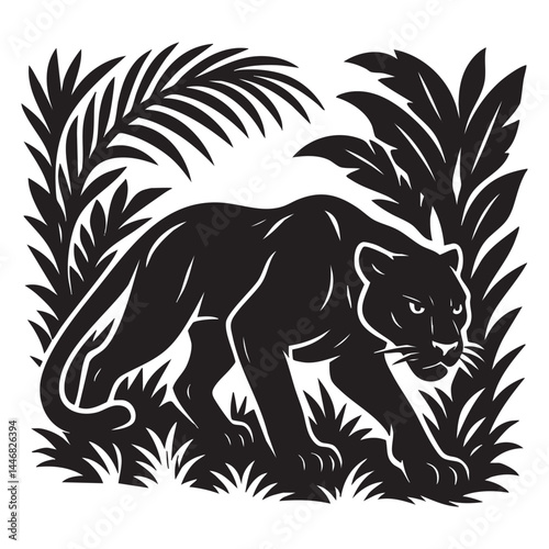 Black panther stalking in jungle vector illustration