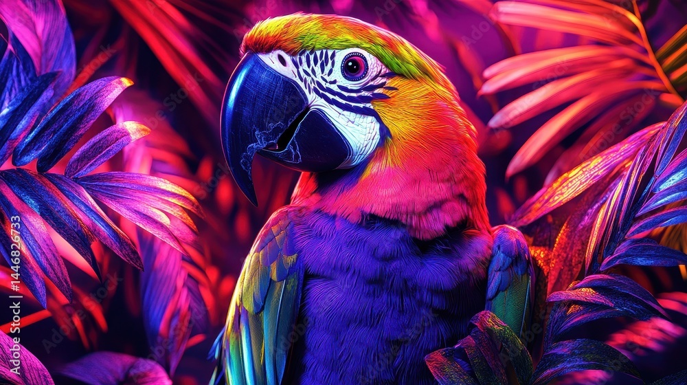 Fototapeta premium Vibrant parrot in an abstract jungle setting with multicolored foliage and deep red accents creating a tropical and exotic fantasy landscape