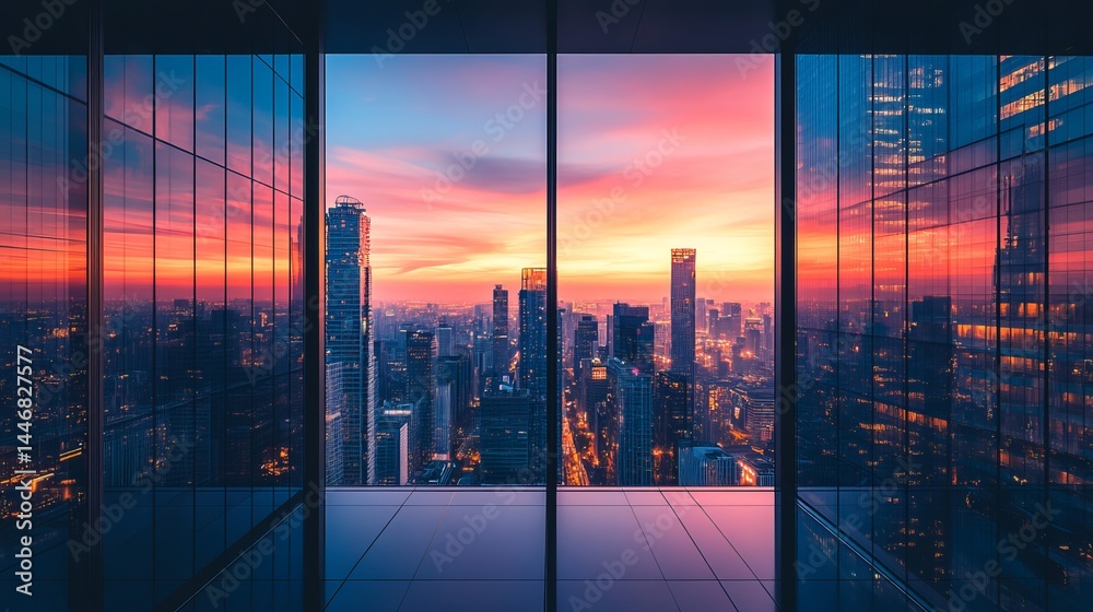 Obraz premium Panoramic View of Bustling City Skyline from an Open Window Framed by Soft Morning Light and Clouds