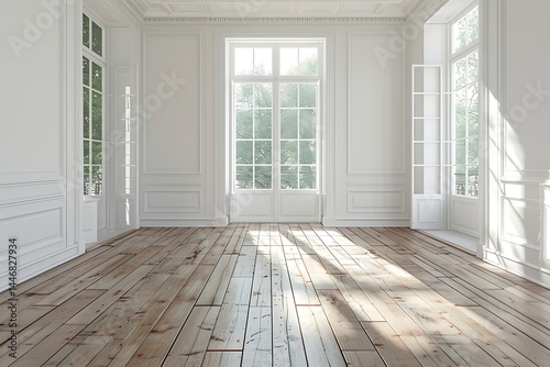 Interior of empty spacious living room with white walls and laminated floor with doors leading to balcony