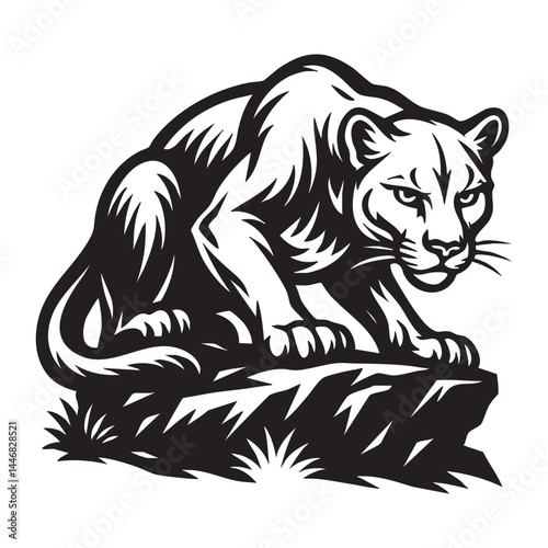 lion crouching on rocky ledge vector illustration