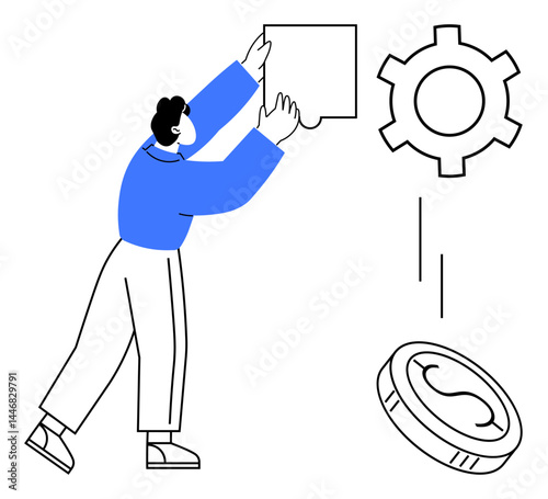 Person placing puzzle piece near gear and coin, illustrating collaboration, problem-solving, productivity, innovation, workflow optimization, creative strategy, and simple landing page