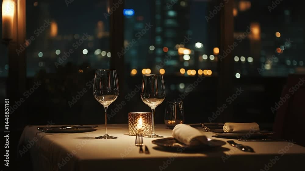 Elegant dining ambiance at night restaurant with city view and candlelit table setting
