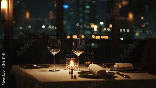 Elegant dining ambiance at night restaurant with city view and candlelit table setting