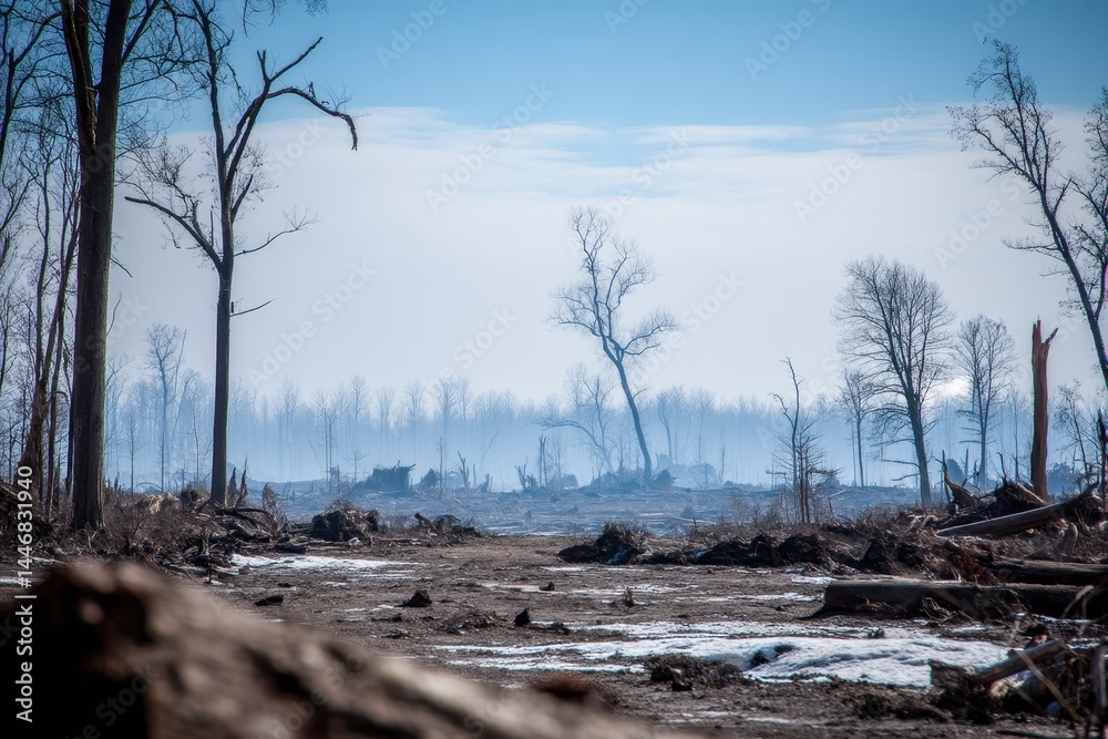 Fototapeta premium High Contrast Landscape of Burned Forest Edge with Untouched Areas and Smoky Horizon