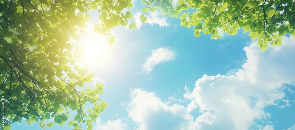 Sunny sky framed by vibrant green leaves Sunny sky framed by vibrant green leaves