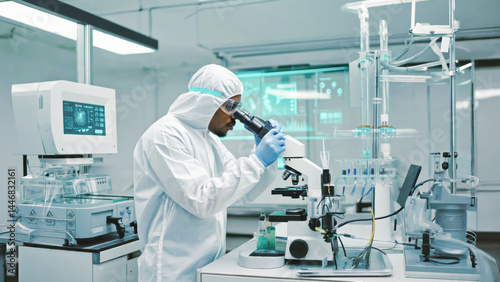 High-tech pharmaceutical laboratory, close-up of a scientist in full PPE using precision instruments to measure active compounds, sterile and futuristic environment.