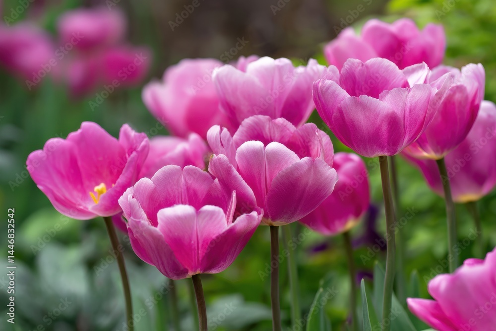 Fototapeta premium Vibrant pink tulip blooms in a sunny spring garden perfect for floral enthusiasts and nature lovers seeking beautiful imagery for creative projects and presentations